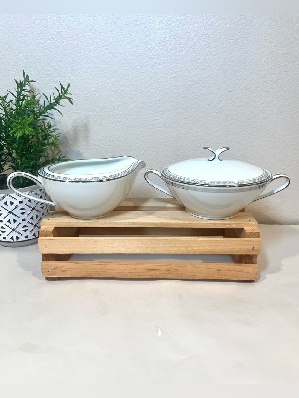 EUC Noritake Silver Key Patterned Creamer and Covered Sugar Bowl Set | Vintage